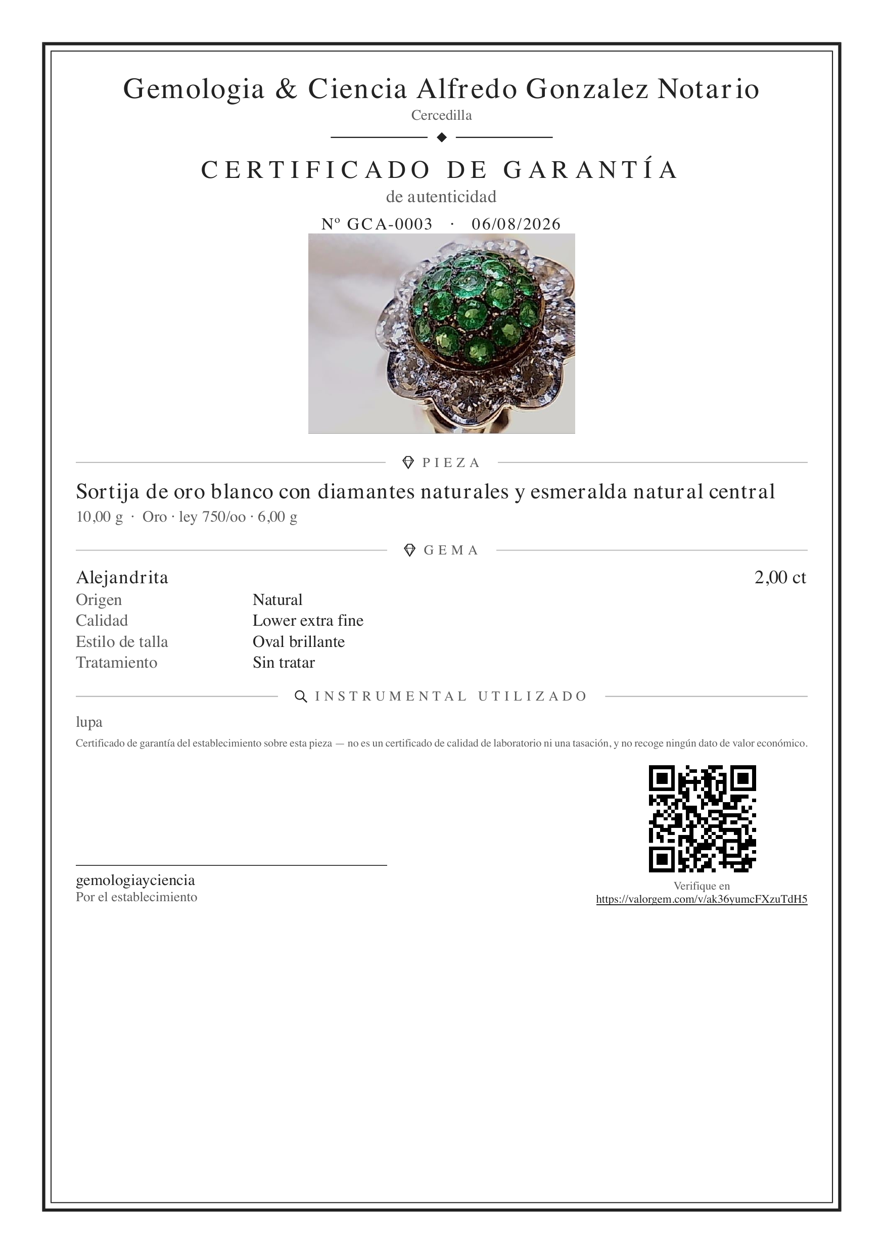 Certificado de garantía emitido con ValorGem: identifica la pieza, sus gemas y sus características, con código QR de verificación