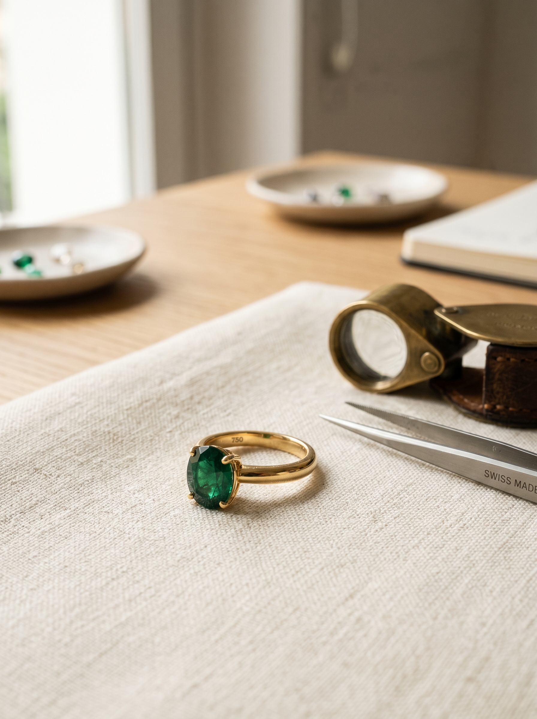 Anillo de esmeralda sobre lino, con lupa de joyero